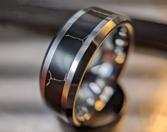 Handmade Black Stone Inlay Tungsten Wedding Ring - 8mm Flat Profile