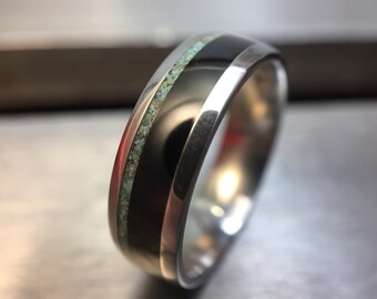 Men's Wooden Wedding Band, African Gaboon Ebony, Mexican Turquoise Inlays. Custom Comfort fit Titanium Ring