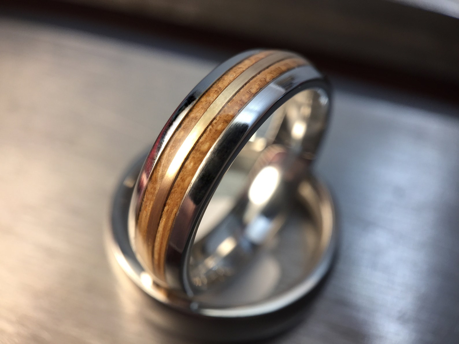 Whiskey Barrel Ring Gold Inlay Wood Wedding Band Unique Etsy