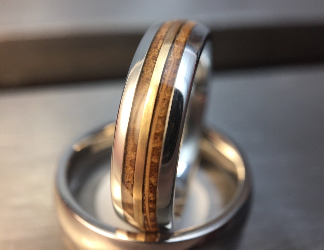 Whiskey Barrel Ring, Gold Inlay Wood Wedding Band, Unique Handmade Gift