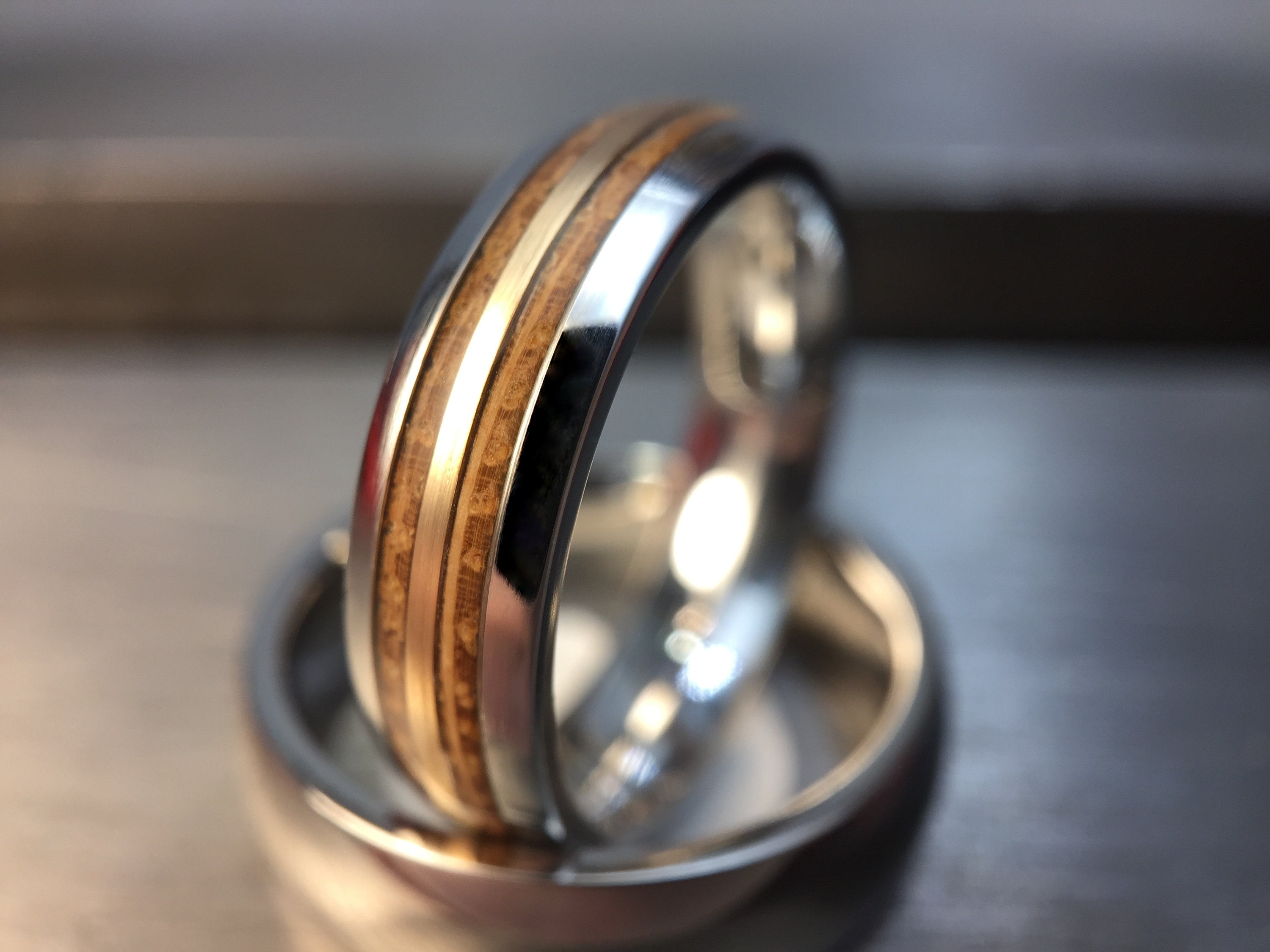 Whiskey Barrel Ring Gold Inlay Wood Wedding Band Unique Etsy
