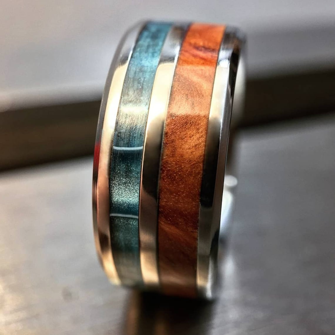 Double Inlay Wood Ring, Mens Wooden Wedding Band, Unique Eucalyptus ...