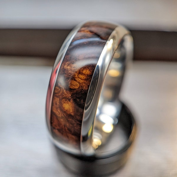 Honduras Rosewood Burl Wedding Band with Cobalt-Chrome Core | Mens Wood Inlay Ring