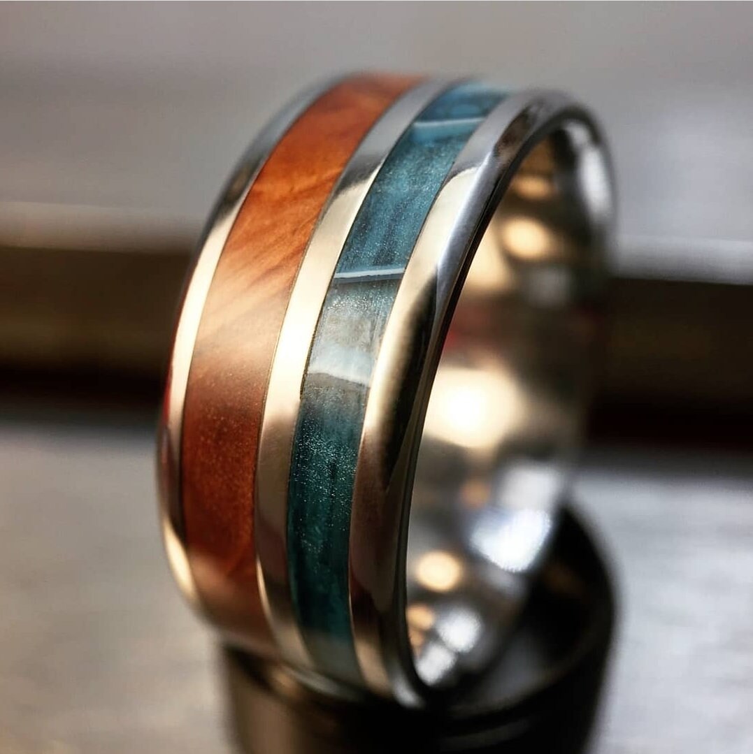 Double Inlay Wood Ring, Mens Wooden Wedding Band, Unique Eucalyptus ...