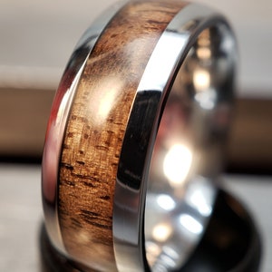 Claro Walnut Burl Ring, Mens Wood and Metal Wedding Band, Fiddleback Figuring, Churchwoods