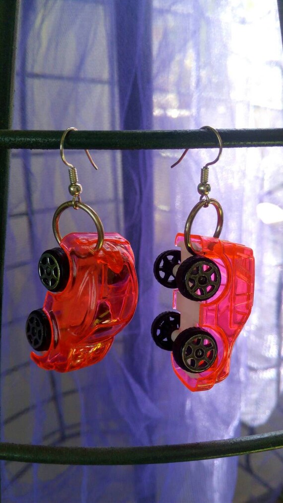 Cute cars earrings neon pink earrings upcycle jewelry Etsy