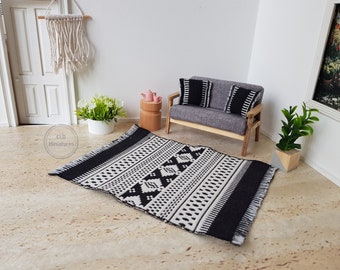 1:12 Scale Dollhouse Miniature Black and Cream Reversible Rug, Modern Dollhouse, Maileg Accessories