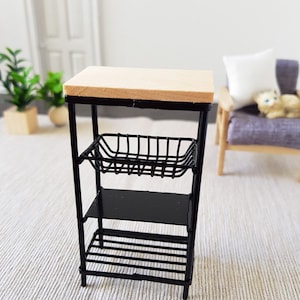 1:12 Scale Dollhouse Black and Timber Kitchen Trolley, Shelf Unit,