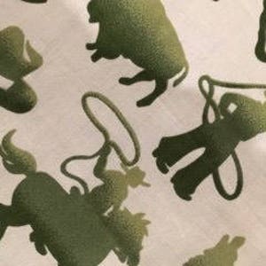 May include: Green silhouette pattern on a white background featuring a cowboy hat, a lasso, a cowboy riding a horse, a steer, and a cowboy boot.