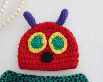 Hungry Caterpillar Crochet Photo Prop, Newborn Sack, Crocheted Hat, Handmade