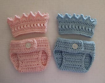 Newborn Crochet Crown and Diaper Cover Set, Photo Prop, Handmade