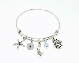 Mermaid Bangle, Coastal Charm Bracelet, Personalized Initial Bangle, Ocean Bracelet, Shell Bangle, Starfish Bangle, Coastal Jewelry, Custom