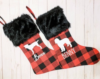 Buffalo Plaid Dog Stocking, Buffalo Check Dog Stocking, Personalized Dog Stocking, Name Dog Christmas Stocking, Dog Silhouette Stocking