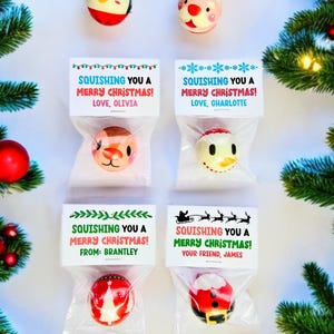 May include: A festive Christmas-themed image featuring colorful, round squishy toys in clear bags. Each bag has a message: "Squishing You a Merry Christmas!" with names like Olivia, Charlotte, Brantley, and James. The toys have various designs.