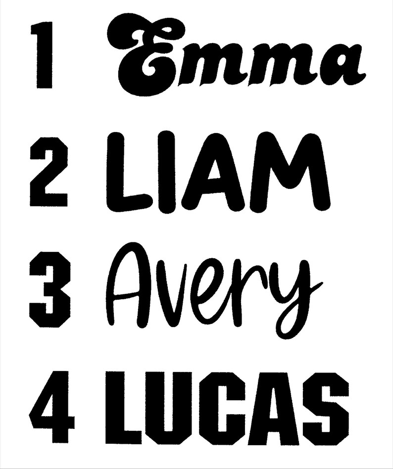 May include: A white background featuring four names in black font: Emma, Liam, Avery, and Lucas. Each name is numbered. The font styles differ, with Emma in a retro script, Liam in a bold sans-serif, Avery in a cursive script, and Lucas in a block font.
