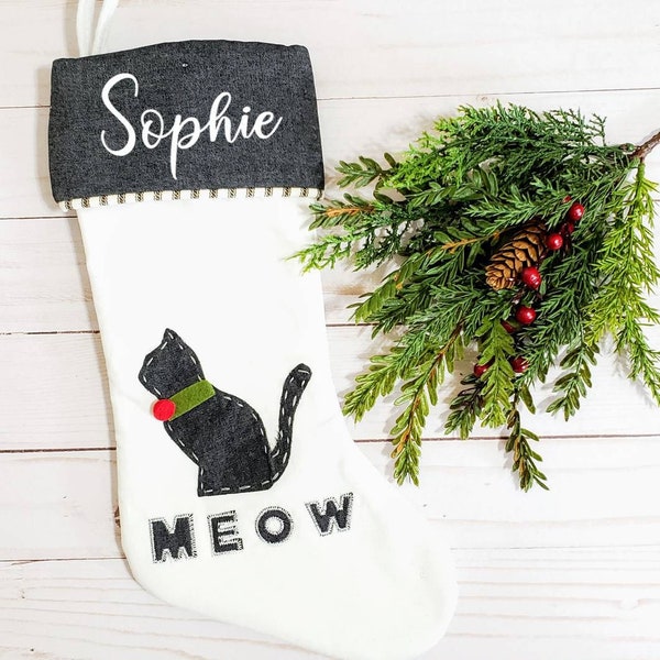 Personalized Cat Stocking, Name Cat Christmas Stocking, Meow Stocking, Cat Meow Stocking, Pet Stocking, Pet Christmas Stocking