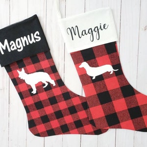 Buffalo Plaid Dog Stocking, Personalized Dog Stocking, Name Dog Christmas Stocking, Dog Silhouette Stocking, Plaid Dog Stocking