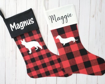 Buffalo Plaid Dog Stocking, Personalized Dog Stocking, Name Dog Christmas Stocking, Dog Silhouette Stocking, Plaid Dog Stocking