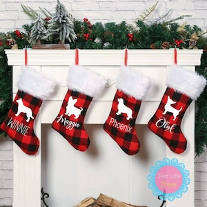 Buffalo Plaid Dog Stocking, Buffalo Check Dog Stocking,  Personalized Dog Stocking, Name Dog Christmas Stocking, Dog Silhouette Stocking