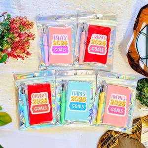 May include: A collection of personalized 2026 and 2025 goal-setting notebooks and pens in clear, iridescent pouches. The notebooks are pink, red, and blue, with names and the text "GOALS" printed on them. Pens are various colors.