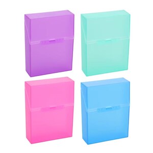 May include: Four brightly coloured plastic cigarette cases in purple, teal, pink, and blue. Each case has a hinged lid and a rectangular shape. The cases are made of translucent plastic.