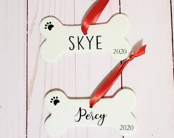 Personalized Dog Ornament, Rustic Dog Ornament, Name Dog Ornament, Porcelain Dog Bone Ornament, Dog Bone Ornament, Dog Christmas