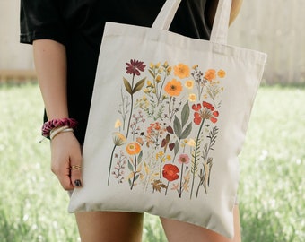 Bolso de mano de flores silvestres - Regalo floral estético para ella - Flores prensadas vintage - Bolsa de regalo de novia y cumpleaños