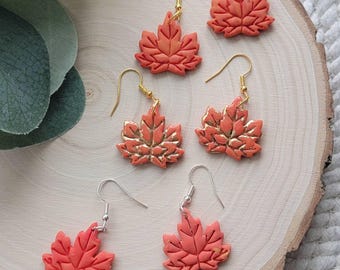 Handmade Clay Maple Leaf Dangle Earrings, Fall Jewelry