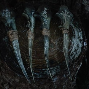 May include: Four pointed bone tools arranged vertically, each featuring intricate white hand-painted runic symbols. The upper sections are wrapped with natural brown twine, providing a textured grip. The bone surfaces appear weathered and dark.