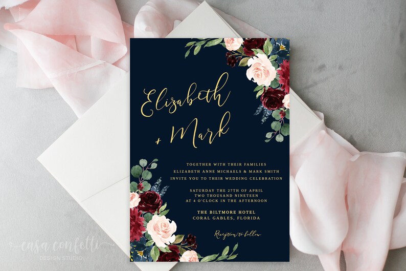 Burgundy and Navy Wedding Invitation Suite Navy and Gold Floral Wedding Invitation Burgundy Geometric Wedding Invitation