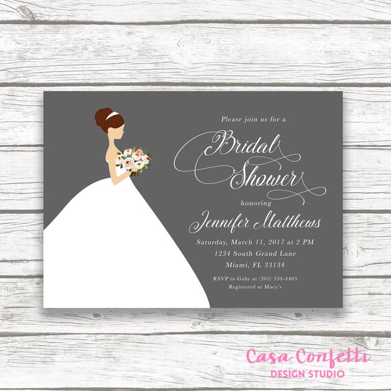 Bride Wedding Dress Bridal Shower Invitation, Gray Pink Floral Bridal Bouquet Invite, Classic Elegant Printed Printable Invitation Il_570xn
