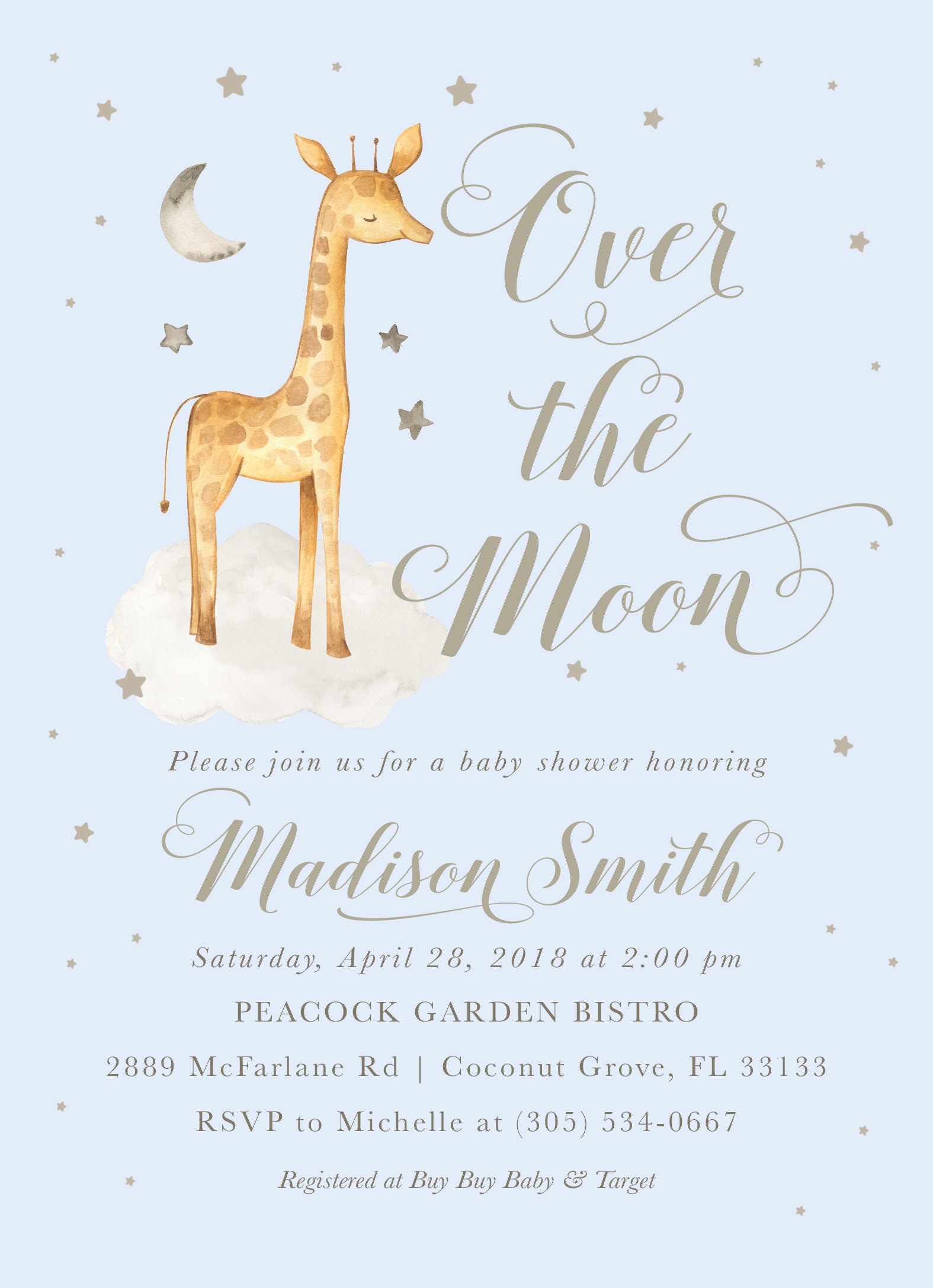 Giraffe Baby Shower Invitation Over The Moon