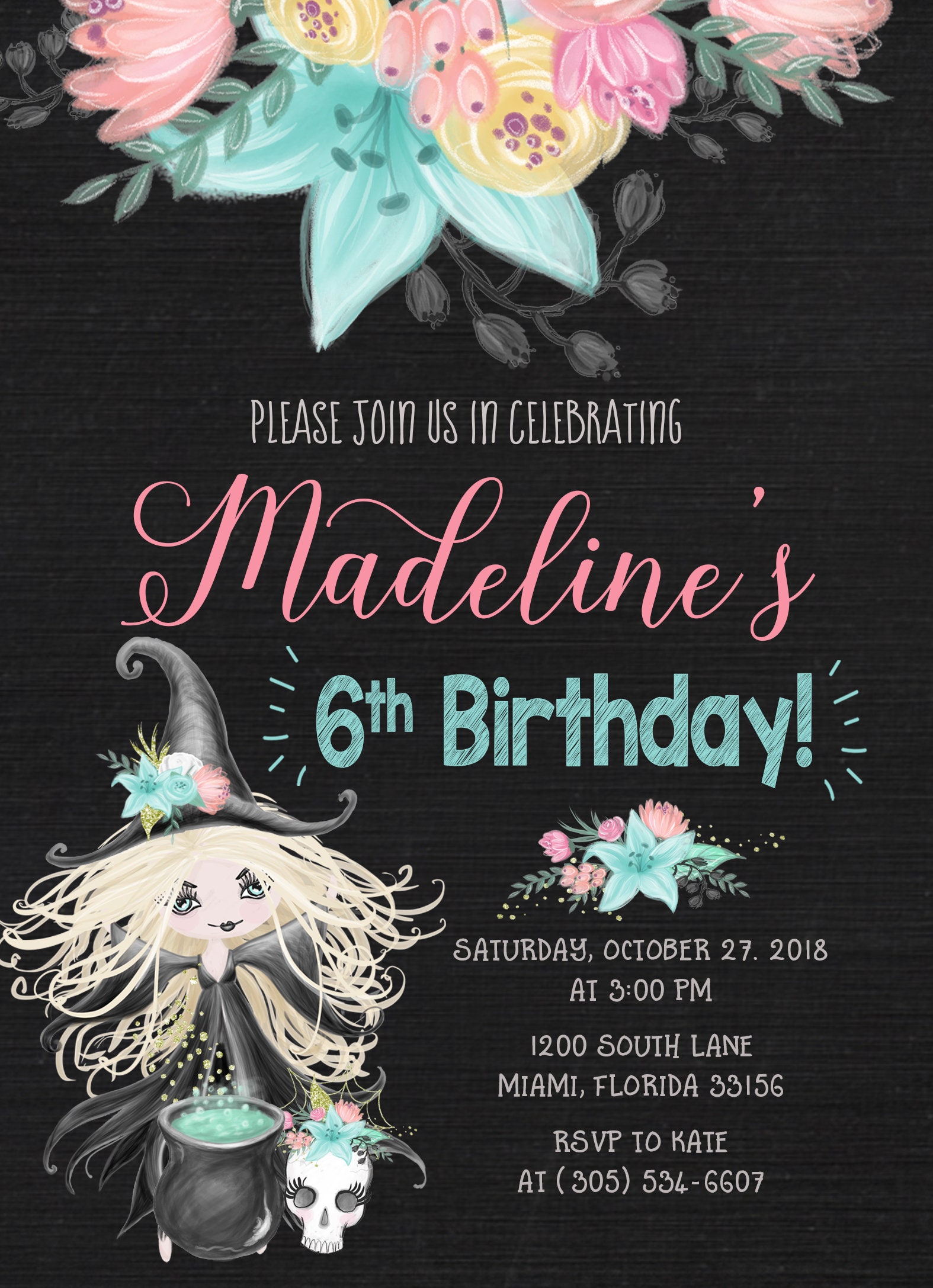 Witch Halloween Invitation, Girl Halloween Invitation, Pink Witch Witch Halloween Invitation, Girl Halloween Invitation, Pink Witch