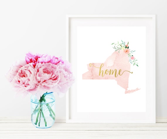 New York State Silhouette Art Print, Pink Watercolor Map Printable Home Nursery Decor, Home Floral Wall Art, Gold 8x10 Art Print, Dorm Decor Il_570xn