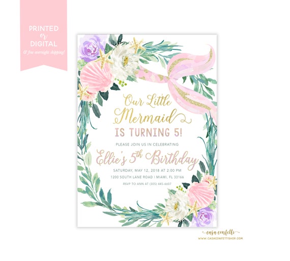 Pastel Mermaid Birthday Party Invitation, Pink and Gold Under the Sea Birthday Invitation, Floral Mermaid Invitation, Girl Birthday Invite Il_570xn