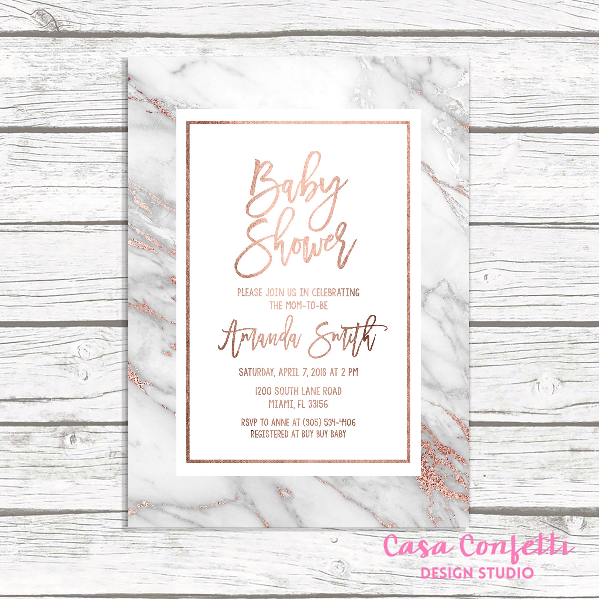 Rose Gold Marble Baby Shower Invitation Rose Gold Baby Shower