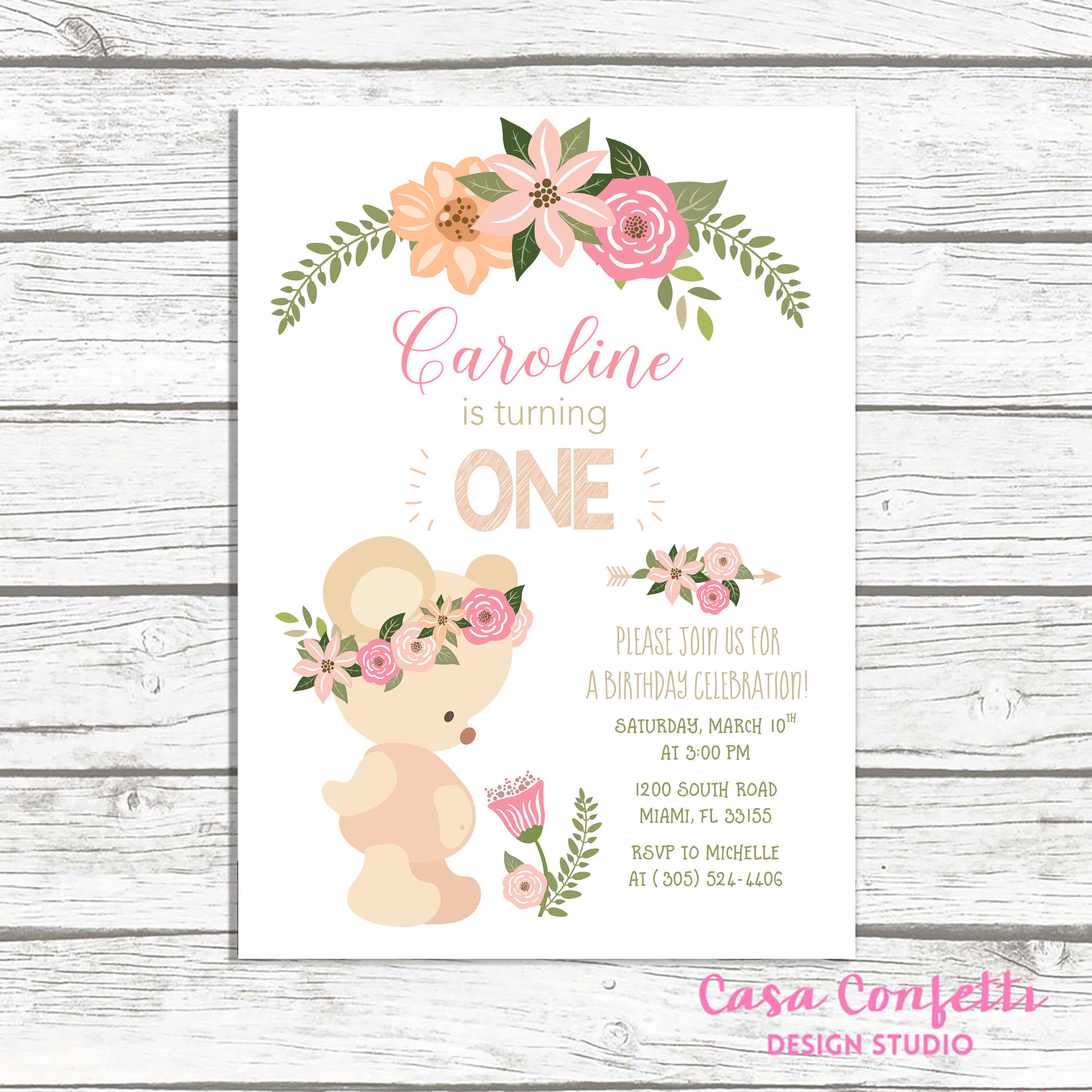 teddy bear birthday invitation boho birthday invitation girl first