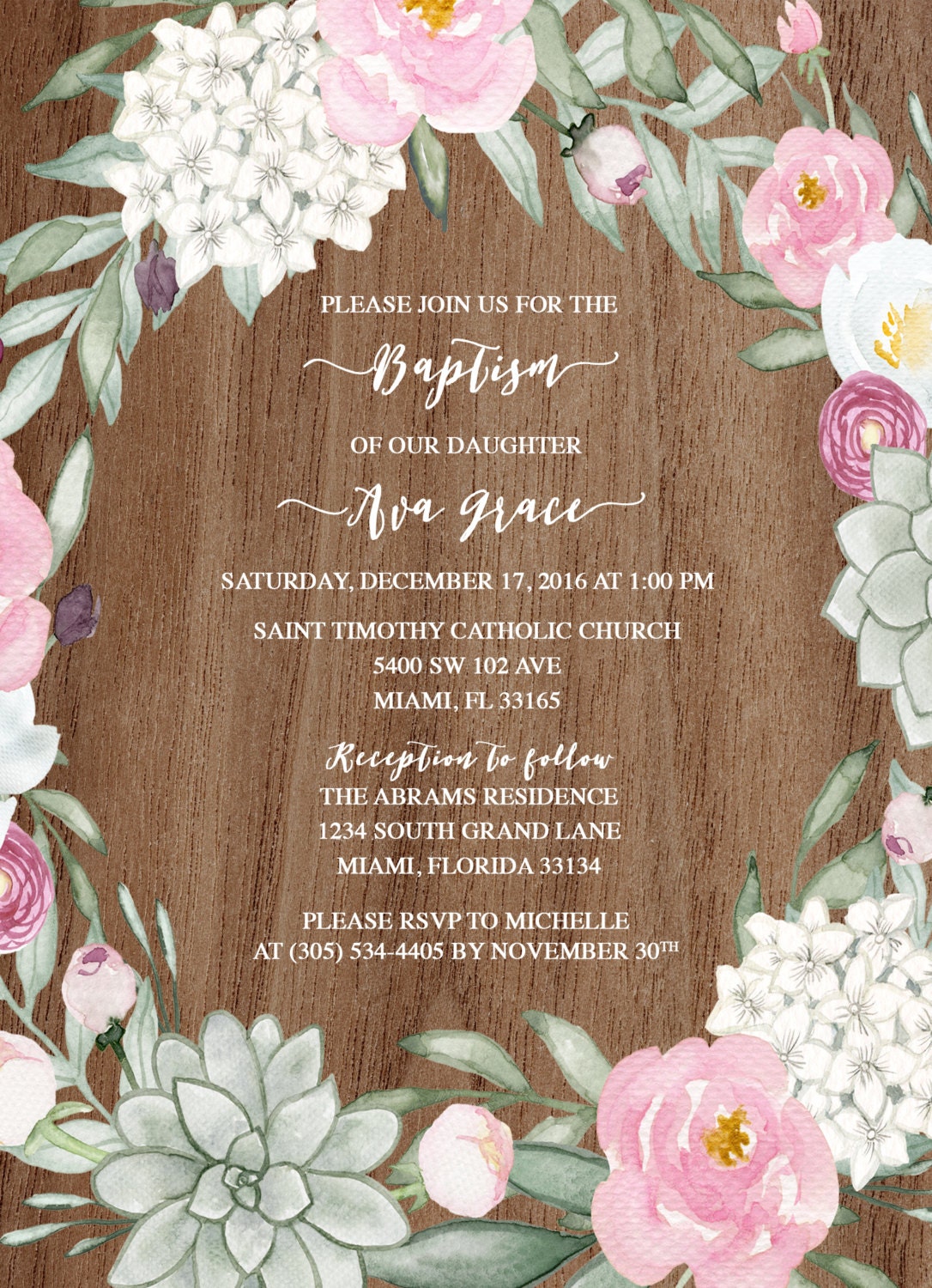 Rustic Baptism Invitation Girl, Succulent Christening ...