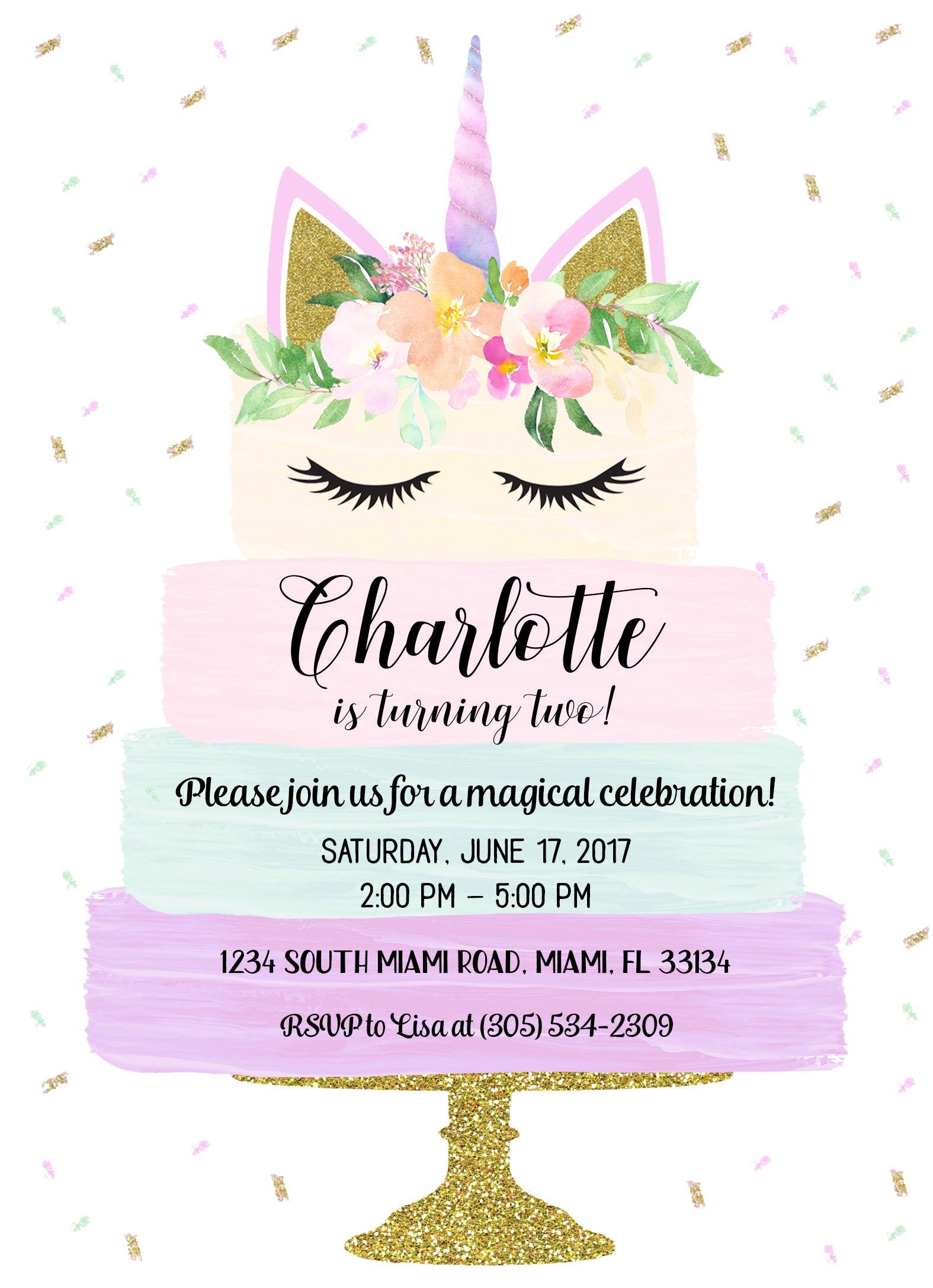 Unicorn Cake Invitation, Unicorn Birthday Invitation ...