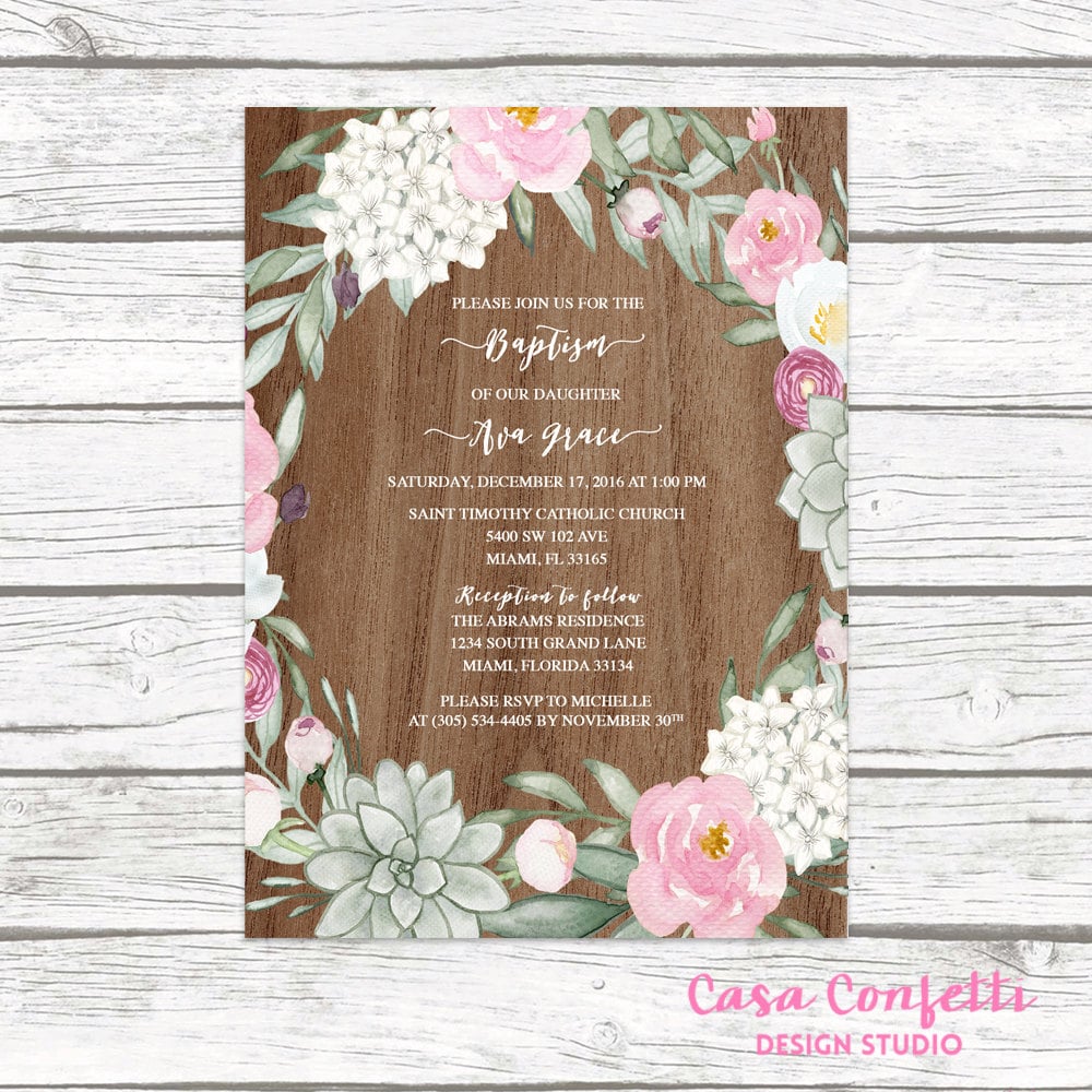 rustic baptism invitation girl succulent christening invitation
