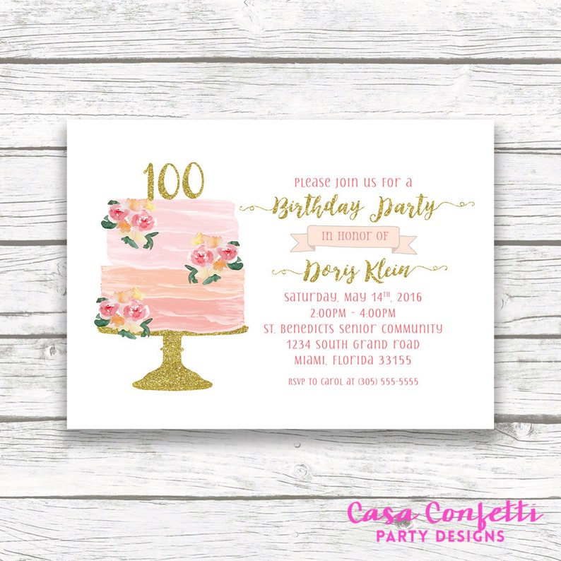 100th Birthday Invitation Cake Birthday Invitation Etsy