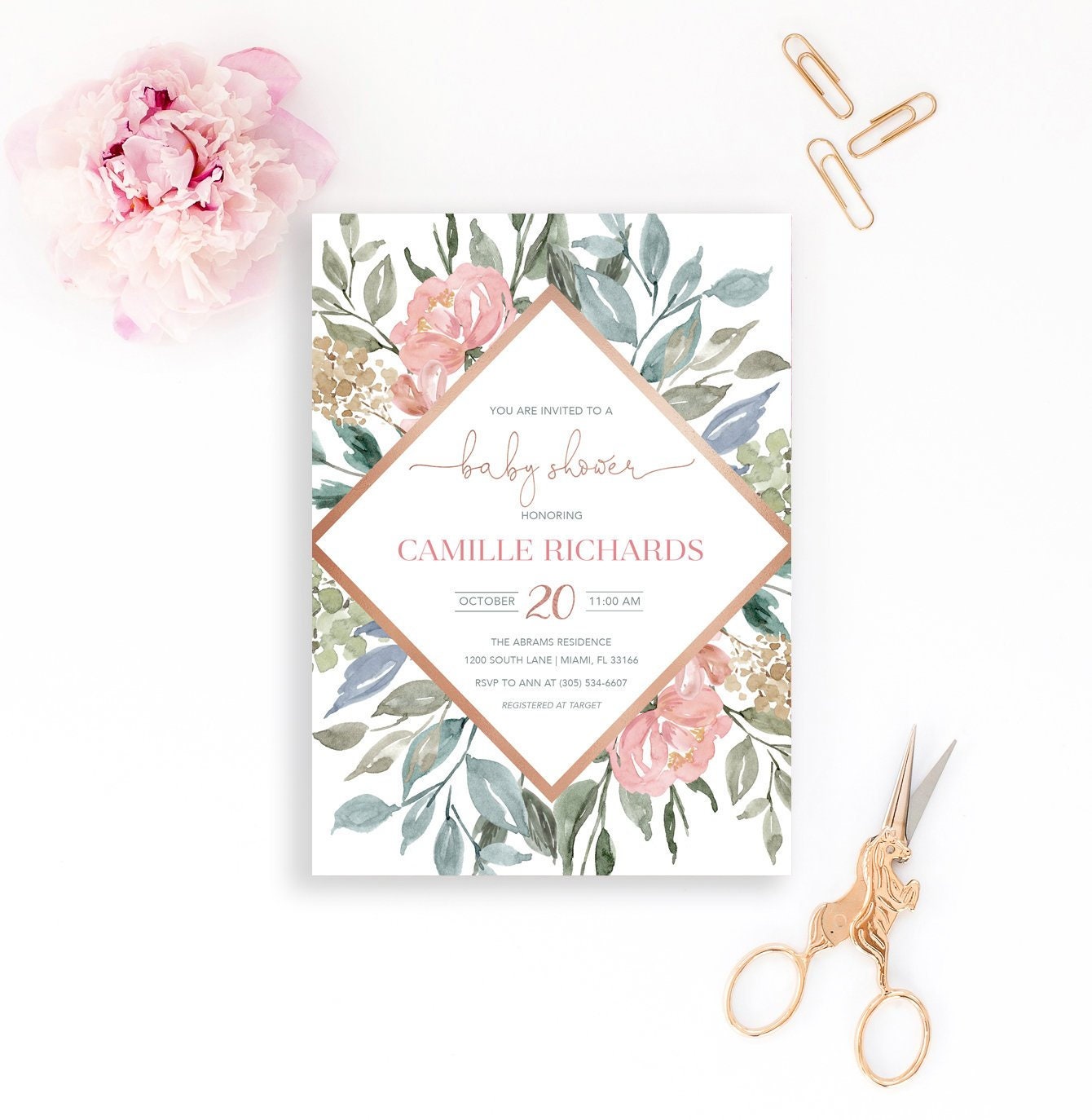 Baby Shower Invitation Rose Gold Baby Shower Invitation Floral Baby Shower Invitation Rose Gold Baby Shower Invitation Floral