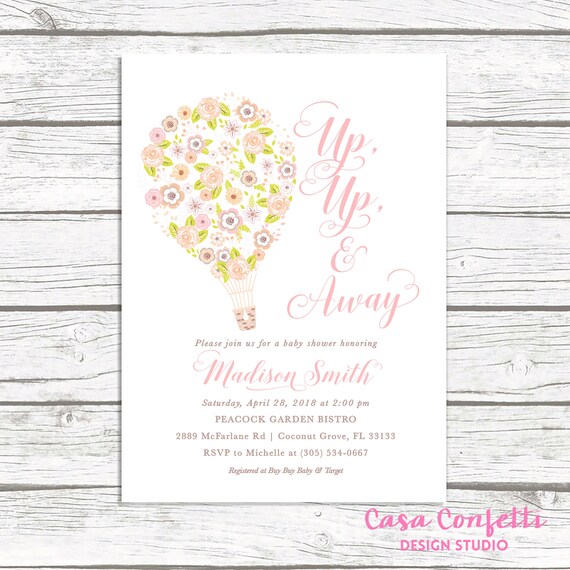 Floral Hot Air Balloon Baby Shower Invitation, Hot Air Balloon Invitation, Up Up and Away, Pink Baby Shower, Floral Baby Shower Invite Girl Il_570xn