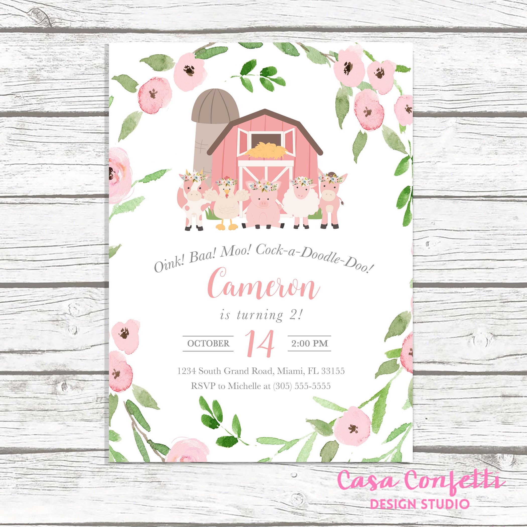 Farm Birthday Invitation Girl Farm Birthday Party Invitation Etsy