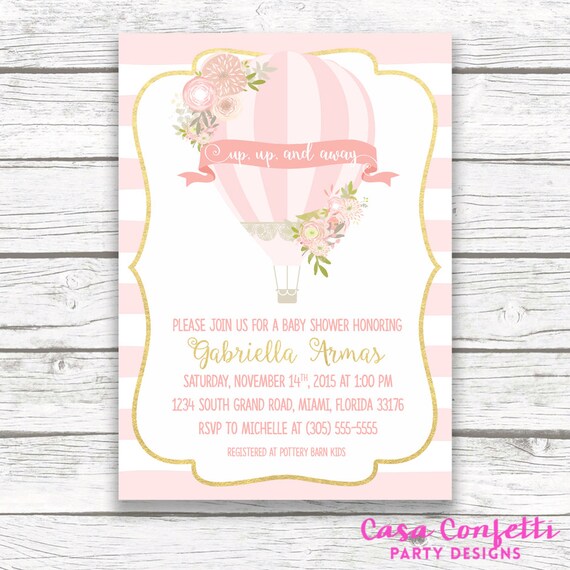 Hot Air Balloon Baby Shower Invitation, Hot Air Balloon Invitation Girl, Pink Hot Air Balloon Invite, Pink and Gold Printable Invite Il_570xn