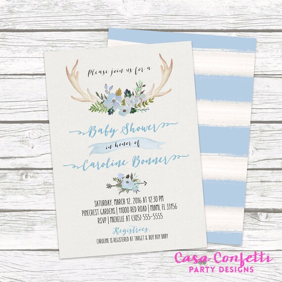 Boy Boho Baby Shower Invitation Blue Fl Antler Tribal