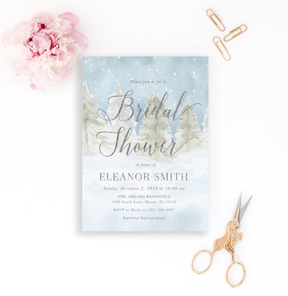 Winter Wonderland Invitation, Rustic Winter Invitation, Winter Bridal Shower Invitation, Woodland Bridal Shower Silver Glitter Wedding Il_570xn