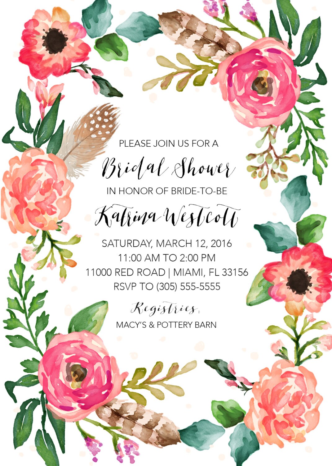 Boho Floral Wreath Bridal Shower Invitation, Watercolor ...
