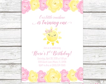 You Are My Sunshine Birthday Invitation Girl, Sunshine Birthday Invitation, Our Little Sunshine, Pink and Yellow Floral First 1st Birthday