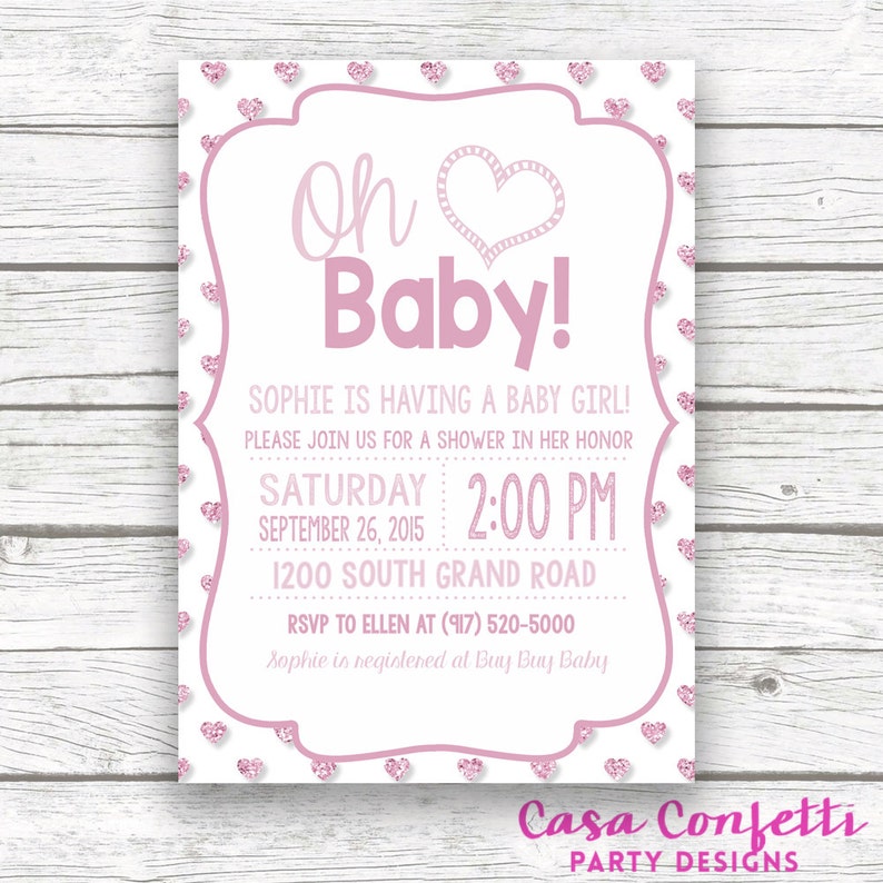 Oh Baby Pink Glitter Baby Shower Invitation W Matching Back Etsy